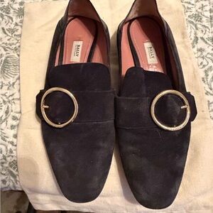 Bally Black Suede Loafers with Gold Buckle with convertible heel. Size 38.5/8